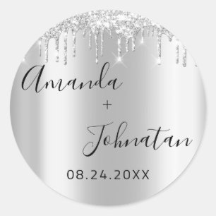 Name Save The Date Schwarz Silber Tropfen Runder Aufkleber