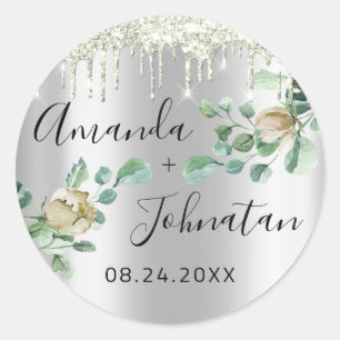 Name Save The Date Silber Tropfen Minzgrün Runder Aufkleber