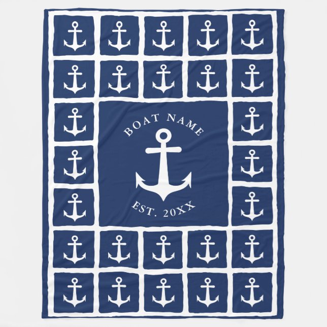 Name Schiff Navy Blue White Anchors Nautic Fleecedecke (Vorderseite)