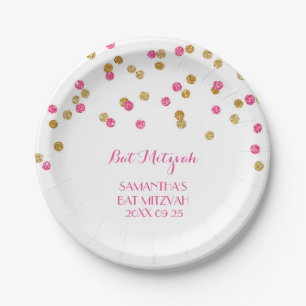 Name-Schläger Mitzvah Teller-rosa GoldConfetti Pappteller