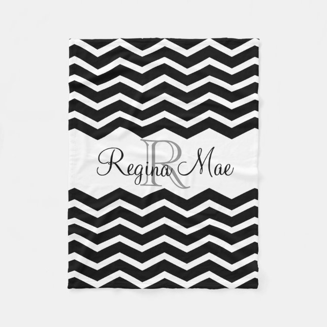 Name Schwarz/Weiß Monogramm: Zickzack Fleecedecke (Vorderseite)