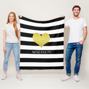 Name Schwarz-weißes Goldenes Herzmuster Print Fleecedecke