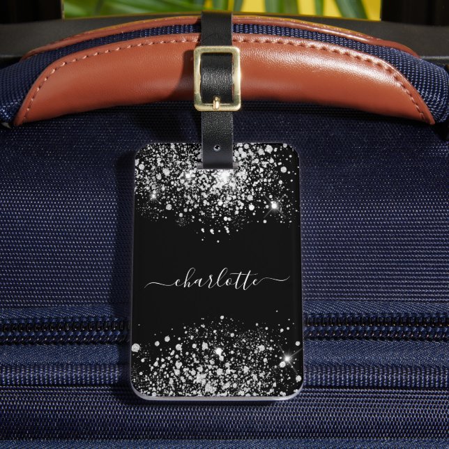 Name-Skript für Black silber Glitzer Gepäckanhänger (Vorderseite Insitu 2)