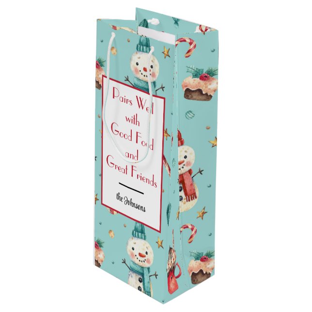 Name, Snowman & Süßigkeiten Holiday Wine Geschenkt Geschenktüte Für Weinflaschen (Vorderseite Schrägansicht)