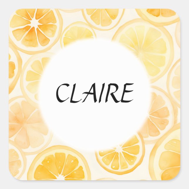 Name Soft Orange und Lemons Wasserfarbmuster Quadratischer Aufkleber (Vorderseite)