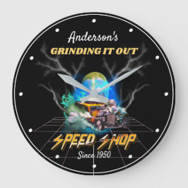 Name Speed Shop Slogan Hotrod Burnout Black Große Wanduhr