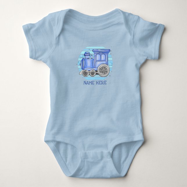 Name Steam Train Motor Baby Blue Bodysuit hinzufüg Baby Strampler (Vorderseite)