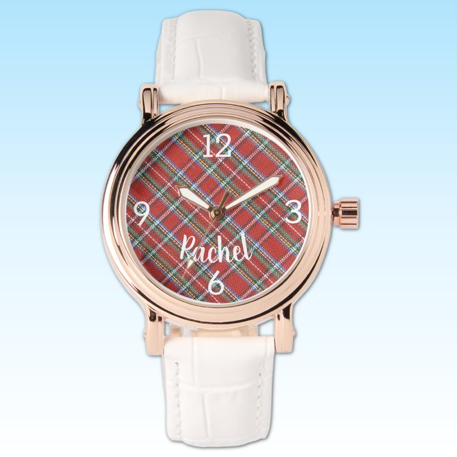 Name, Stewart Tartan Kariert, Weiße Lederfrauen Armbanduhr (Von Creator hochgeladen)