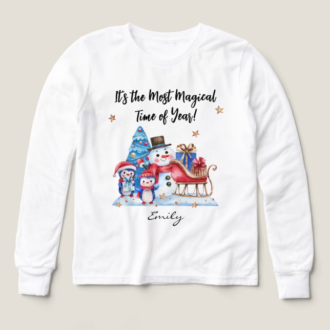 Name || Süßer Schneemann, Pinguine Jugend Langarms (Design Vorderseite)