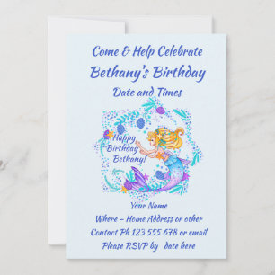 Name Text blonde Mermaid Blue Mauve Aqua Party hin Einladung