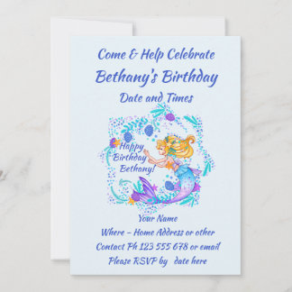 Name Text blonde Mermaid Blue Mauve Aqua Party hin Einladung