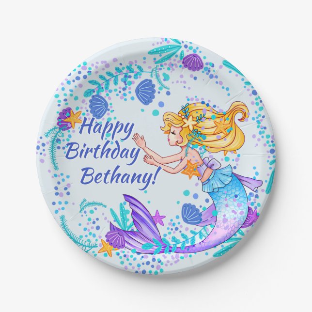 Name Text blonde Mermaid Blue Mauve Aqua Party hin Pappteller (Vorderseite)
