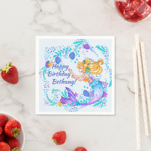 Name Text blonde Mermaid Blue Mauve Aqua Party hin Serviette
