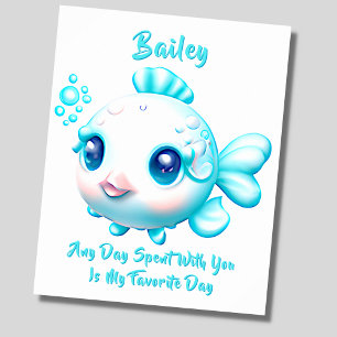 Name Text hinzufügen, Baby Aqua Blau Fisch Kinderz Poster