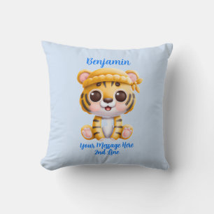 Name Text hinzufügen, Baby Tiger mit Hut auf blau Kissen