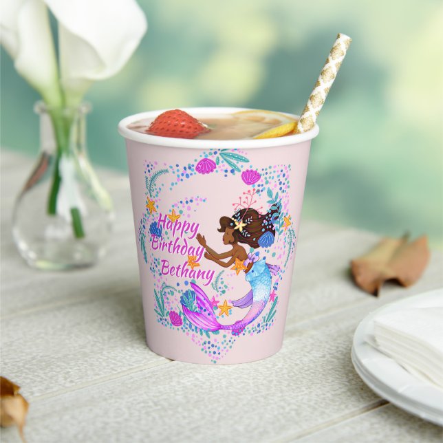 Name Text Mermaid Pink Mauve Aqua Party hinzufügen Pappbecher (In Situ)