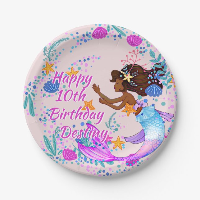 Name Text Mermaid Pink Mauve Aqua Party hinzufügen Pappteller (Vorderseite)