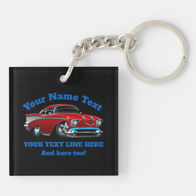 NAME TEXT Red Blue Frisierte Auto Classic Muscle C Schlüsselanhänger (Rückseite)