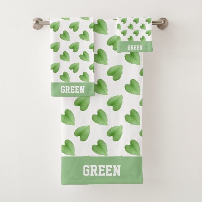 Name Text und grüne Blätter auf Weiß Badhandtuch Set (Insitu)