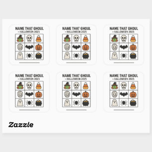 Name That Ghoul Halloween 2025 Spiel Bingo Blatt Quadratischer Aufkleber