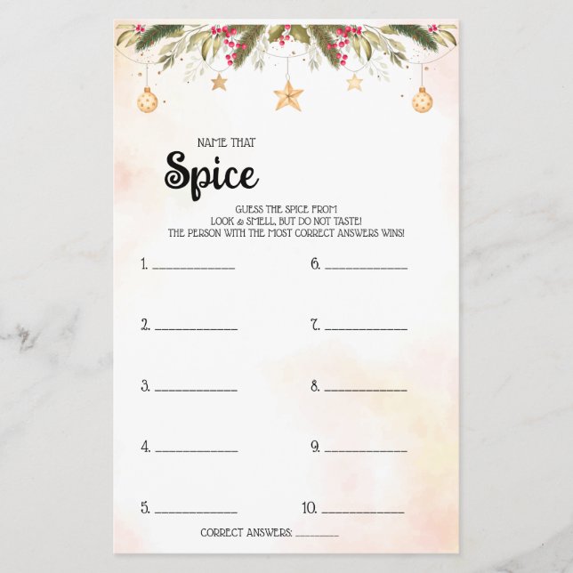 Name that Spice Christmas Bridal Shower Game Card  Flyer (Vorne)