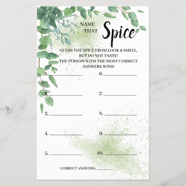Name that Spice Eucalyptus Bridal Shower Game Card Flyer (Vorne)