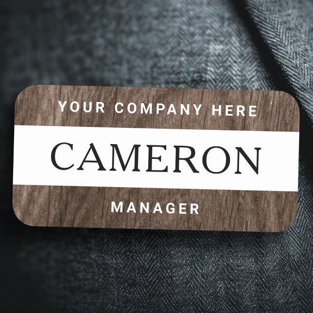 Name, Titel und Firma des braunen Holzes Namensschild (Brown wood grain name, title and company name tag)