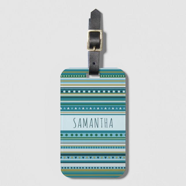 Name Tribal Aquamarin Blue Stripes Muster Gepäckma Gepäckanhänger (Vorderseite Vertikal)