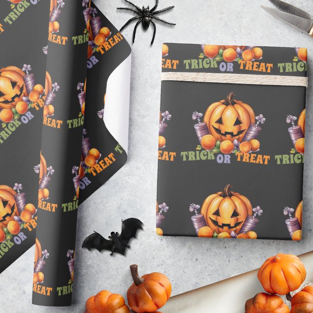 Name Trick oder Treat Spooky Pumpkin Halloween Can Geschenkpapier (Von Creator hochgeladen)