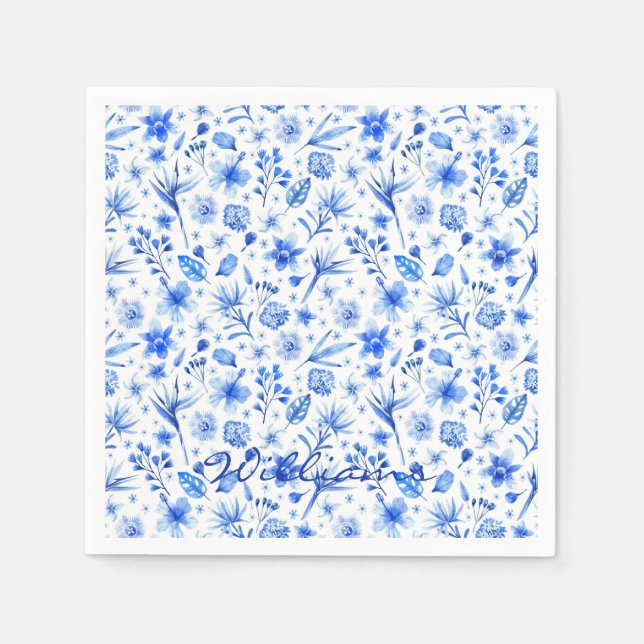 Name Tropische Blume Cobalt Blue Cocktail Serviette (Vorderseite)