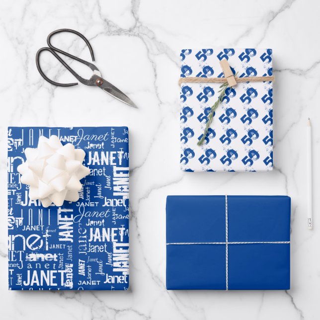 Name Typografie Blue White Word Cloud 50. Geschenkpapier Set (Vorderseite)