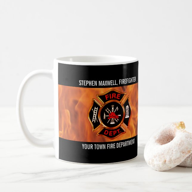 Name und Abteilung des Brandbekämpfers Flammen Kaffeetasse (Mit Donut)