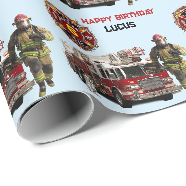Name und Alter des Feuerwehrkindes für Feuerwehrfa Geschenkpapier (Rolleneckpunkt)