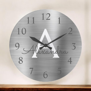 Name und Anfangsbuchstabe des Silver Metallic Mono Große Wanduhr