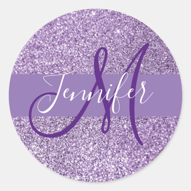 Name und Anfangsbuchstaben des Fotos Amethyst Glit Runder Aufkleber (Vorderseite)