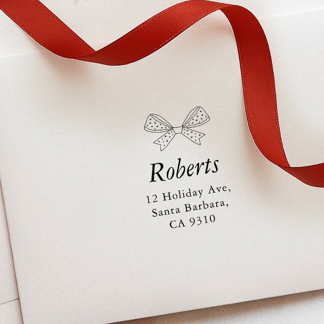 Name und Anschrift der Familie Bow Ribbon Permastempel (Christmas return address stamp with a bow detail and your custom name and address)