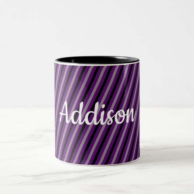 Name und Farbe auf Schwarz und Grau gestreift Zweifarbige Tasse (Mittel)