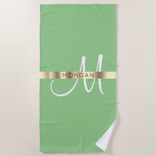 Name und große Monogramm, weißes Blatt und Gold Strandtuch (Vorderseite)