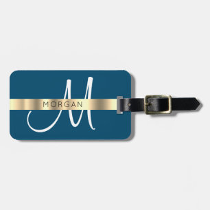 Name und großes Monogramm, Weiß Ozeanblau Gold Gra Gepäckanhänger