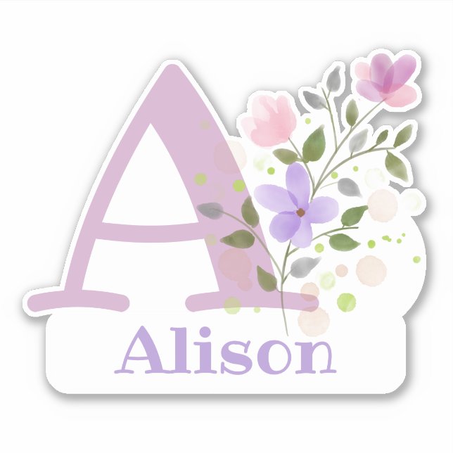 Name und Initial mit Blumen-Design-Ausschneiden Aufkleber (Vorderseite)