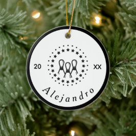 Name und Jahr des eleganten Black & White Bowling  Keramik Ornament