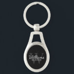 Name und Monogram für Personalisierte Script-Trauz Schlüsselanhänger<br><div class="desc">Fügen Sie Ihrer Hochzeit eine persönliche Touch mit personalisierten Trauzeugen Schlüsselanhänger hinzu. Dieser Schlüsselanhänger weist den Namen des personalisierten Trauzeugen im Schriftart-Stil auf,  mit Hochzeitsdetails im klassischen,  weißen Serif-Schriftart-Stil und Monogramm im Schriftart-Stil in Grau-Serif als Hintergrund,  auf schwarzem Hintergrund. Auch perfekt für Trauzeuge,  Brautvater,  Ringträger und mehr.</div>