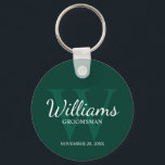 Name und Monogram für personalisierte Trauzeugen Schlüsselanhänger<br><div class="desc">Fügen Sie Ihrer Hochzeit eine persönliche Touch mit personalisierten Trauzeugen Schlüsselanhänger hinzu. Dieser Schlüsselanhänger zeichnet sich durch den Namen des personalisierten Trauzeugen im Schriftart-Stil aus,  der im Stil eines klassischen,  weißen Serif-Schriftartes und in Monogramm in einem hellgrün-smaragdgrünen Schriftart-Stil gehalten ist. Auch perfekt für Trauzeuge,  Brautvater,  Ringträger und mehr.</div>