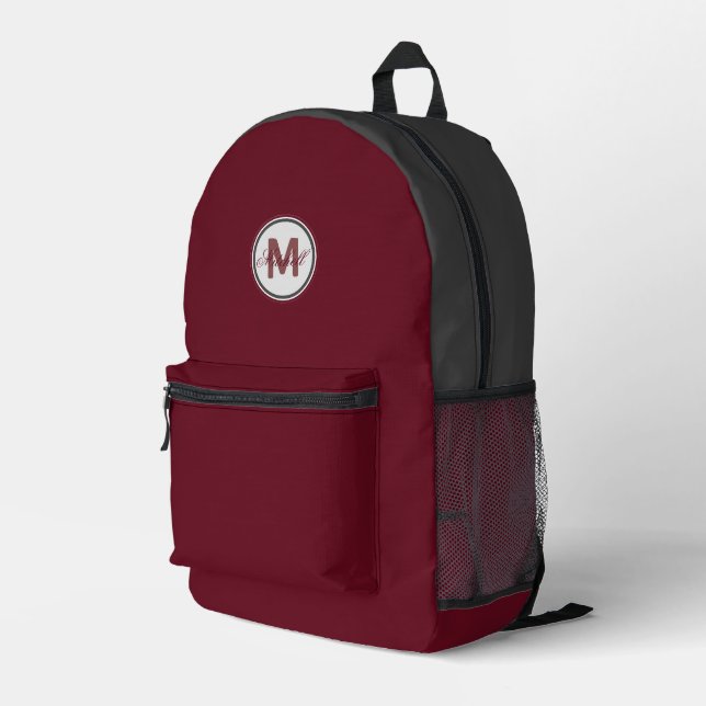 Name und Monogramm auf Herbstburgund mit Grau Bedruckter Rucksack (Rückseitige Ecke Rechts)