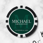 Name und Monogramm der Emerald Personalisiert Trau Pokerchips<br><div class="desc">Fügen Sie Ihrer Hochzeit eine persönliche Touch mit personalisierten Trauzeugen Poker Chips. Dieses Design zeigt den Namen des personalisierten Trauzeugen mit Titel und Hochzeitstermin in Weiß und Monogramm in heller Smaragdgrün als Hintergrund,  im klassischen Serif Schriftart Stil,  auf smaragdgrünem Hintergrund. Auch perfekt für Trauzeuge,  Brautvater und mehr.</div>