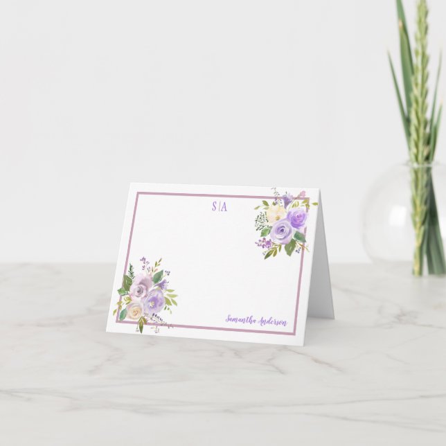 Name und Monogramm der lila Aquarellfarben Dankeskarte (Vorderseite)