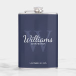 Name und Monogramm der personalisierten Trauzeuge Flachmann<br><div class="desc">Fügen Sie Ihrer Hochzeit eine persönliche Touch mit personalisierten Trauzeugen Flasche. Dieser Kolben zeigt den Namen des personalisierten Trauzeugen im Schriftart-Stil mit weißen klassischen Schriftzeichen,  mit Hochzeitsdetails im klassischen Serifenstil und Monogramm im hellblau-klassischen Serifenstil als Hintergrund auf marinebasischem Schriftart. Auch perfekt für Trauzeuge,  Brautvater und mehr.</div>