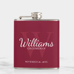 Name und Monogramm der personalisierten Trauzeuge Flachmann<br><div class="desc">Fügen Sie Ihrer Hochzeit eine persönliche Touch mit personalisierten Trauzeugen Flasche. Dieser Kolben weist den Namen des personalisierten Trauzeugen im Stil eines klassischen Schriftartes mit weißer Schrift auf. Die Hochzeitsdetails sind im Stil eines klassischen, weißen Serif-Schriftartes und das Monogramm im Stil eines hellbordeauxroten Serif-Schriftartes im Hintergrund, auf bordeauxrotem Hintergrund. Auch...</div>