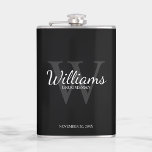 Name und Monogramm der personalisierten Trauzeuge Flachmann<br><div class="desc">Fügen Sie Ihrer Hochzeit eine persönliche Touch mit personalisierten Trauzeugen Flasche. Dieser Kolben weist den Namen des personalisierten Trauzeugen im Stil eines klassischen Schriftartes mit weißer Schrift auf,  mit Hochzeitsdetails im klassischen Serifenstil und Monogramm im hellgrauen Schriftart-Stil,  als Hintergrund,  auf schwarzem Hintergrund. Auch perfekt für Trauzeuge,  Brautvater und mehr.</div>