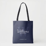 Name und Monogramm der personalisierten Trauzeuge Tasche<br><div class="desc">Fügen Sie eine persönliche Touch zu Ihrer Hochzeit mit personalisierten Trauzeugen zu Tasche. Diese Tasche zeigt den Namen des personalisierten Trauzeugen im Schriftart-Stil mit weißen klassischen Schriftzeichen,  mit Hochzeitsdetails im klassischen Serifenstil und Monogramm im hellblau-klassischen Serif-Schriftart-Stil,  als Hintergrund,  auf marinebasischem Hintergrund. Auch perfekt für Trauzeuge,  Brautvater,  Ringträger und mehr.</div>